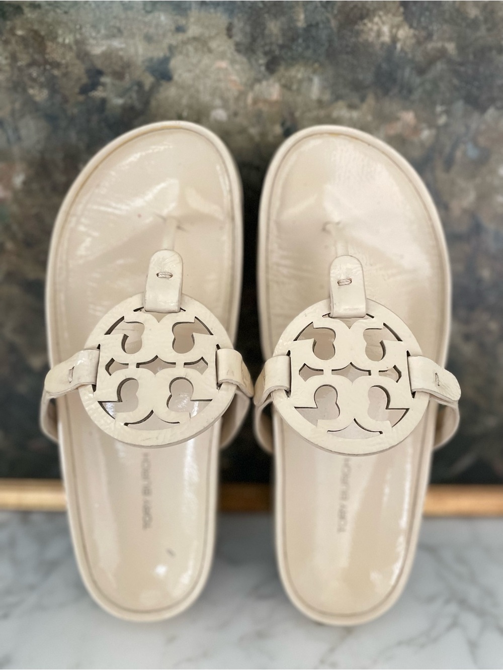 Tory Burch Miller Cloud Chunky  Sandals Size 8 Patent Leather Cream - Picture 6 of 8